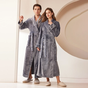 Extra long thick coral fleece bathrobe for couples in charcoal grey with white piping