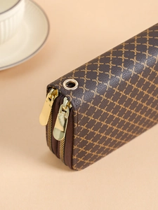 Brown vintage clutch wallet with cross pattern and double zipper for women