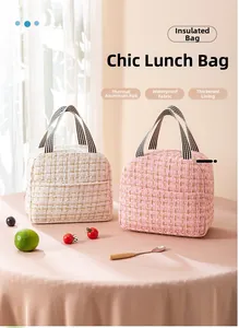 Detail of tweed lunch bag with insulated aluminum foil and waterproof fabric lining