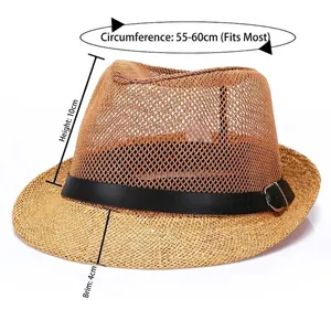 Breathable mesh straw fedora hat with black leather band and adjustable brim for sun protection