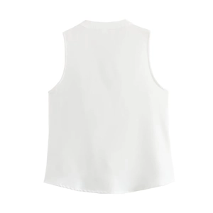Elegant white sleeveless chiffon blouse for women featuring a minimalist stand collar design