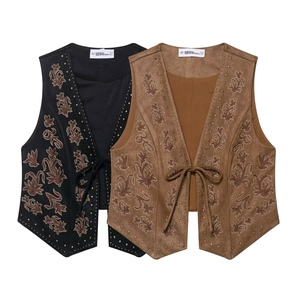 Women Retro Faux Suede Vest V Neck Lace Up Floral Embroidered Studded Bohemian Waistcoat