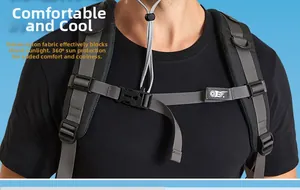 Detail of adjustable breathable shoulder straps and gray-black nylon fabric for sun protection