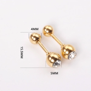 Detailed size view of gold stainless steel screw studs with sparkling crystal inlay