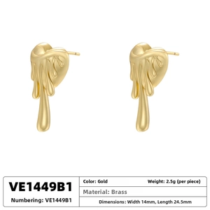 Detailed size chart of gold brass lava heart stud earrings showing 14mm by 24.5mm dimensions