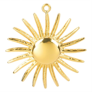 Macro detail of golden stainless steel sun pendant with polished finish and radial design