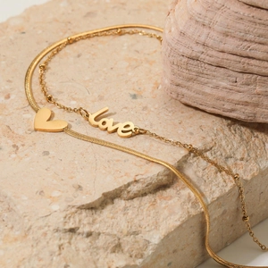 Gold double-layered stainless steel anklet with heart and love pendants on stone base