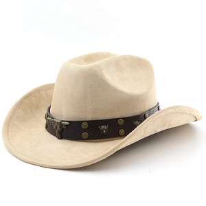 Detail of light brown suede cowboy hat featuring bronze rivets and bull head emblem