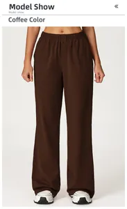 Detail of coffee brown wide leg sweatpants showing elastic waistband and loose fit