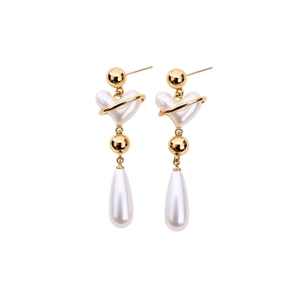 Vintage style gold heart pearl earrings featuring long drop water drop pearls