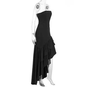 Close-up of black strapless dress with corset waist and asymmetrical ruffled hem