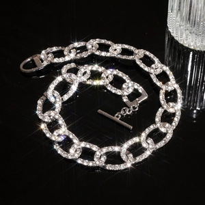 Sparkling silver chain choker necklace with rhinestones and OT toggle clasp on black base