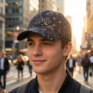 Navy blue baseball cap with gold splatter pattern and NY&GD embroidery worn by model