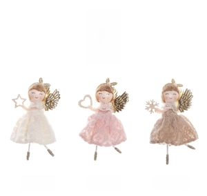 Trois anges de Noël décoratifs avec jupes en dentelle et ailes dorées en blanc rose brun