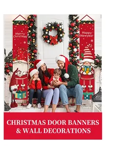 Red Merry Christmas and Happy New Year gnome door banners for holiday home decoration