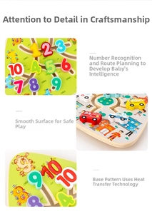 Detail of wooden logic maze with polished colorful numbers and vehicle elements for kids