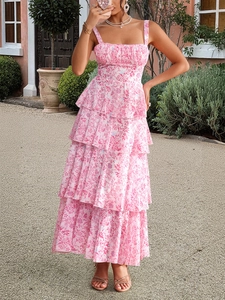Detail of floral chiffon tiered maxi dress with wide straps and ruffled layers