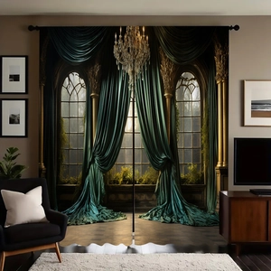 Detail of gothic window landscape printed polyester curtain for vintage living room decor