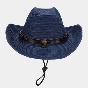 Detail of dark blue woven straw cowboy hat with brown leather band and chin strap