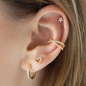 925 silver gold-plated stud earring set with star and heart designs and zircon stones