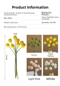 Detailed size specifications for 26cm artificial craspedia balls in various colors