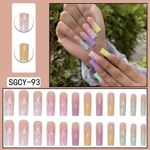 Long square press-on nails with colorful rainbow flame gradient pattern for women