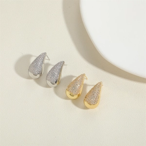 Water-drop stud earrings in gold and silver finish with pavé set crystals for women
