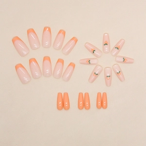 Long coffin peach orange press-on nails with french tips and small heart patterns