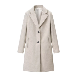 Minimalist light beige wool coat for women featuring a lapel collar and buttons