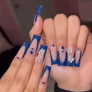 Press On Nails Long Ballerina Coffin Shape Deep Blue Glitter French Tip Silver Butterfly Rhinestone Luxury Manicure For Women