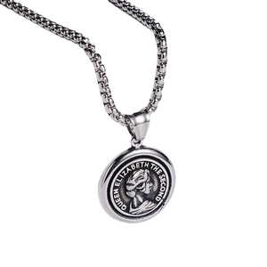 Silver Queen Elizabeth II coin pendant necklace with stainless steel box chain