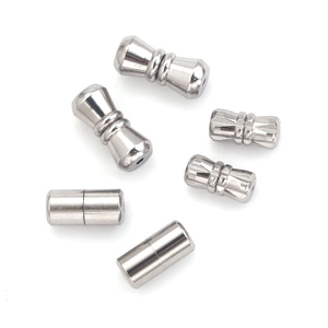 Detailed macro view of six silver stainless steel screw clasps for jewelry DIY making