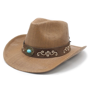 Brown woven western cowboy hat with floral embroidery and turquoise stone on band