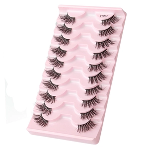 Close-up of 10 pairs of natural thick half false eyelashes in pink Y1003 tray