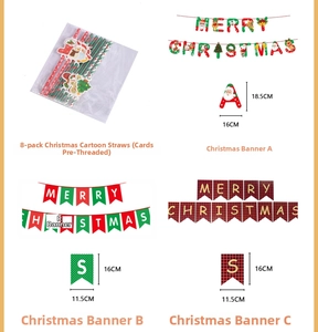 Detailed view of Christmas straws and decorative bunting flags with size measurements