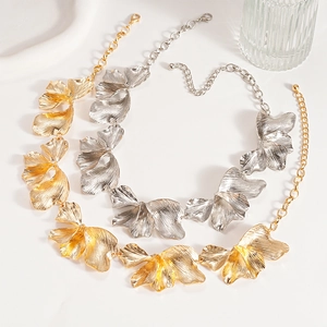 Textured metallic flower petal necklaces in gold and silver finishes for women