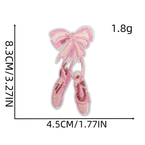 Detailed embroidery view of pink ballet shoes patch with bow showing 8.3x4.5cm dimensions