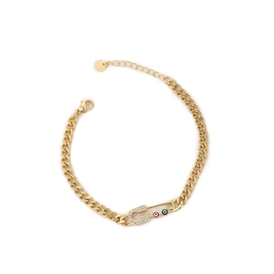 Gold evil eye paperclip bracelet with micro-pave zircon and adjustable link chain