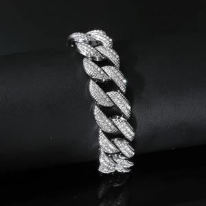 Bracelet gourmette cubaine de 16 mm en argent avec strass brillants pour homme