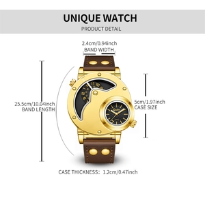 Detailed size chart for dual time quartz watch with leather strap measurements