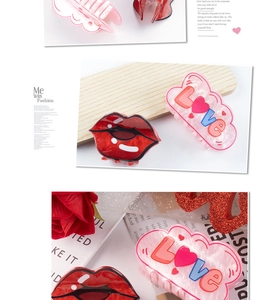 Detail of red lip and pink cloud hair claws with LOVE lettering and heart patterns
