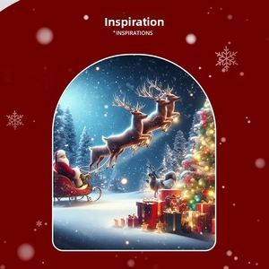 Christmas inspirations detail showing Santa on a sleigh with reindeer and tree