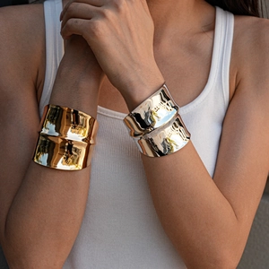 Irregular wide metal cuff bracelet with concave glossy finish for women