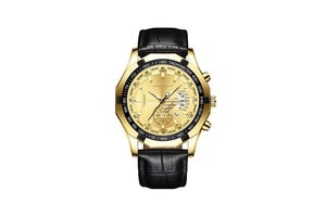 Close-up of golden chronograph watch dial with leather strap and tachymeter bezel