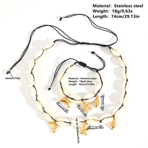 Golden starfish and shell pendant jewelry set with stainless steel necklace and bracelet
