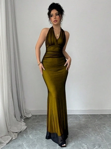 Deep V-neck olive green ruched maxi dress with elegant black mesh fishtail hemline