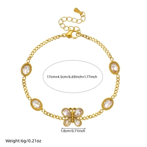 Minimalist gold-plated stainless steel butterfly charm bracelet with clear zircon stones