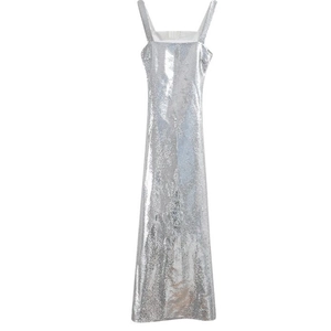 Front view of silver sequin evening gown featuring a square neck and spaghetti straps