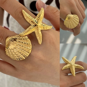 Starfish Scallop Shell Statement Rings Stainless Steel Non-Tarnish Adjustable Open Ring Ocean Nautical Style For Women