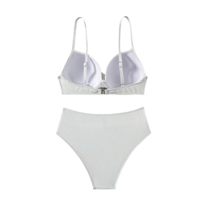 Solid color silver-white two-piece bikini set with high waist and vertical ribbed texture